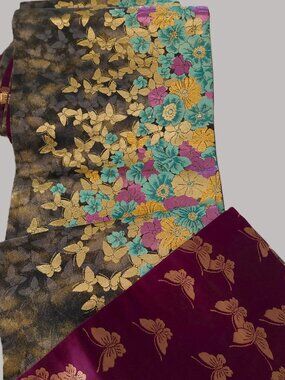 Vintage Fukuro Obi Japanese Kimono Belt Gold Butterflies Aqua Floral Purple